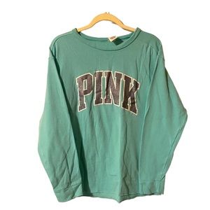 Victorias Secret Pink Medium Crew Neck Sweatshirt  Green  Silver Sparkle Logo
